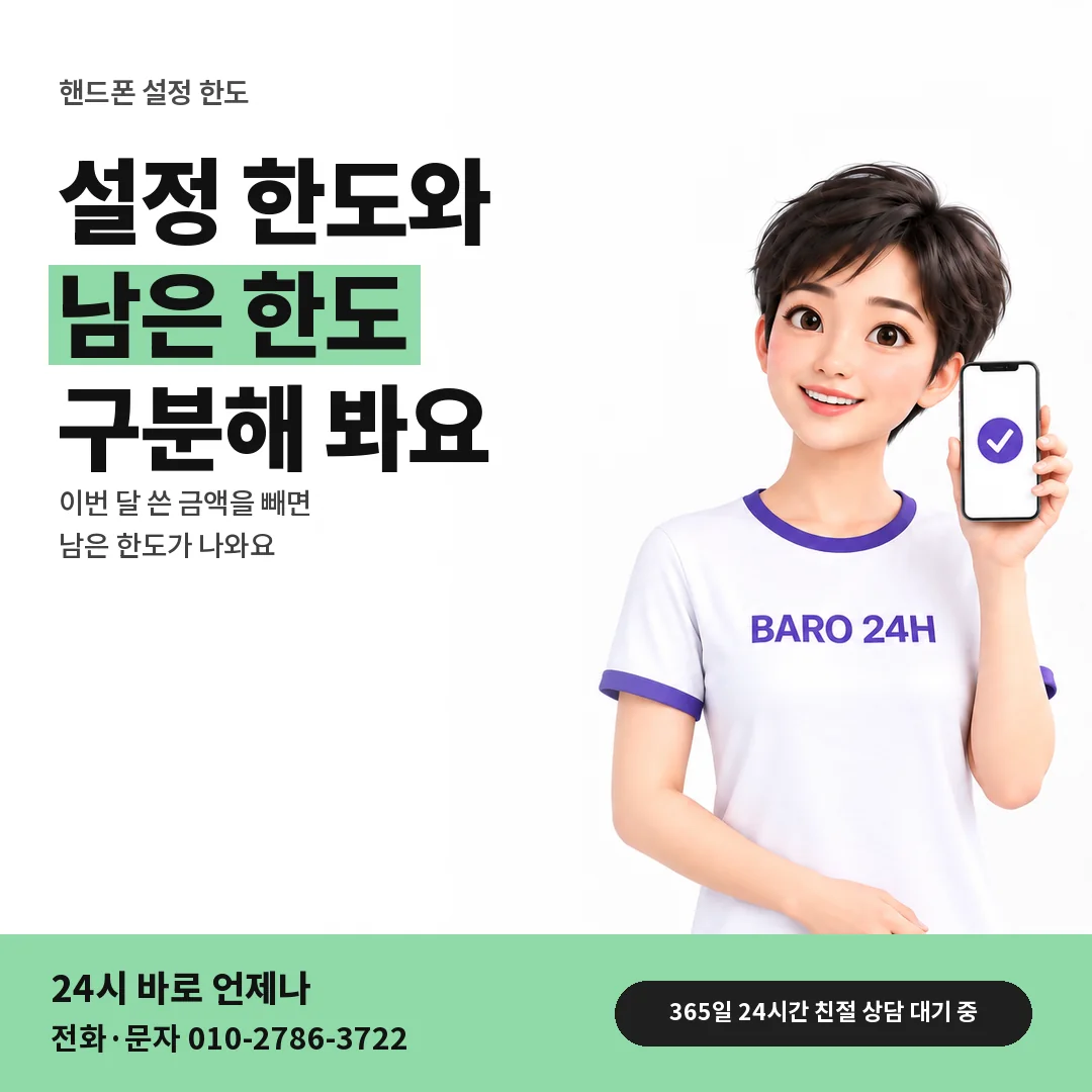 BARO 24H 티셔츠를 입은 3D 인물 옆에 「핸드폰 설정 한도와 남은 한도」 제목을 얹은 안내 카드