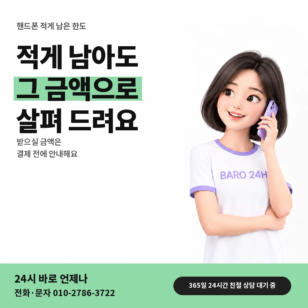 BARO 24H 티셔츠를 입은 3D 인물 옆에 「핸드폰 적게 남은 한도」 제목을 얹은 안내 카드